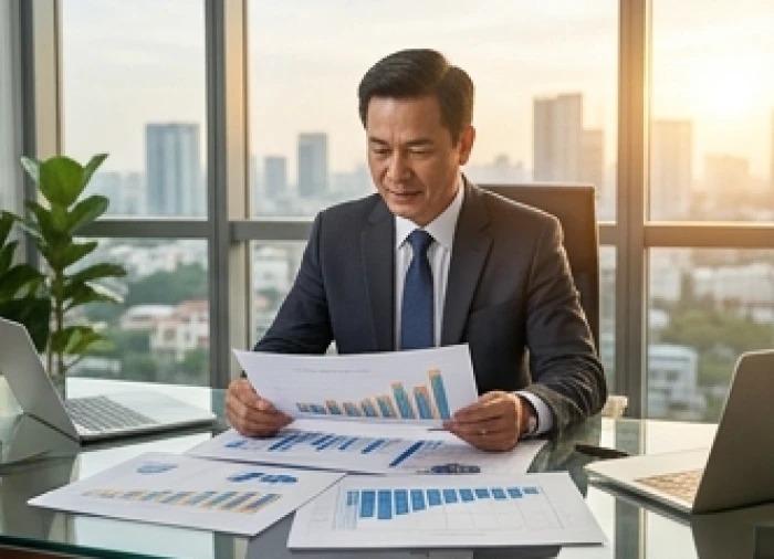 Doanh nhân tuổi Giáp Dần xem xét bản kế hoạch đầu tư kinh doanh thành công trong văn phòng làm việc hiện đại