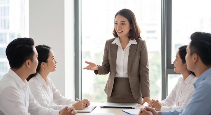Nữ quản lý tuổi Kỷ Sửu tự tin thảo luận và dẫn dắt đội nhóm trong phòng họp văn phòng hiện đại