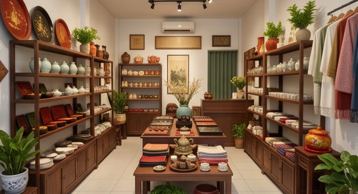 Một cửa hàng kinh doanh nhỏ khang trang với các vật phẩm trang trí tinh tế mang lại cảm giác thịnh vượng