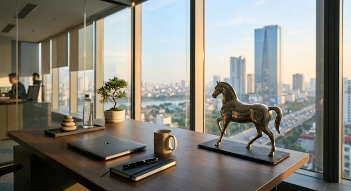 Bàn làm việc văn phòng hiện đại bài trí vật phẩm phong thủy giúp thăng tiến sự nghiệp tuổi ngọ