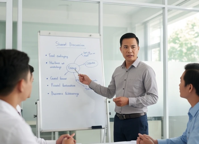 Doanh nhân Nhâm Tuất 1982 thảo luận chiến lược tái cấu trúc kinh doanh tại phòng họp hiện đại