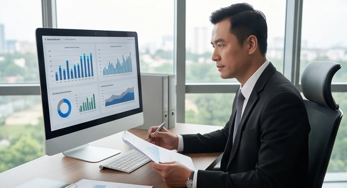 Nhân viên chuyên tâm hoàn thành báo cáo phức tạp trên máy tính với phong thái điềm tĩnh và bền bỉ dưới áp lực cao