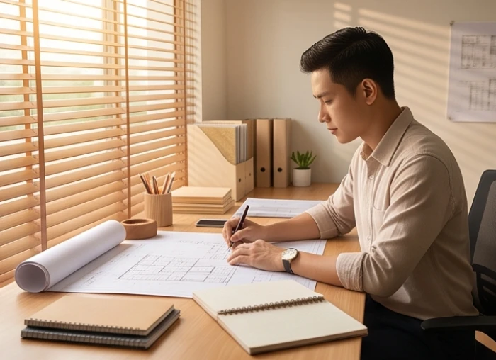 Người lao động trí óc đang tập trung lập kế hoạch công việc và kiểm tra tiến độ dự án trên bàn giấy