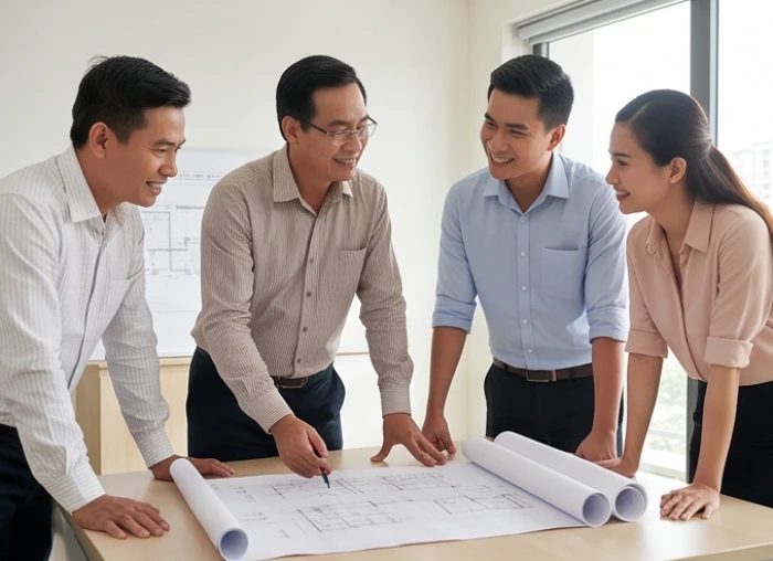 Quản lý trung niên dày dặn kinh nghiệm đang thảo luận và phân chia công việc cùng nhóm cộng sự trẻ tại văn phòng