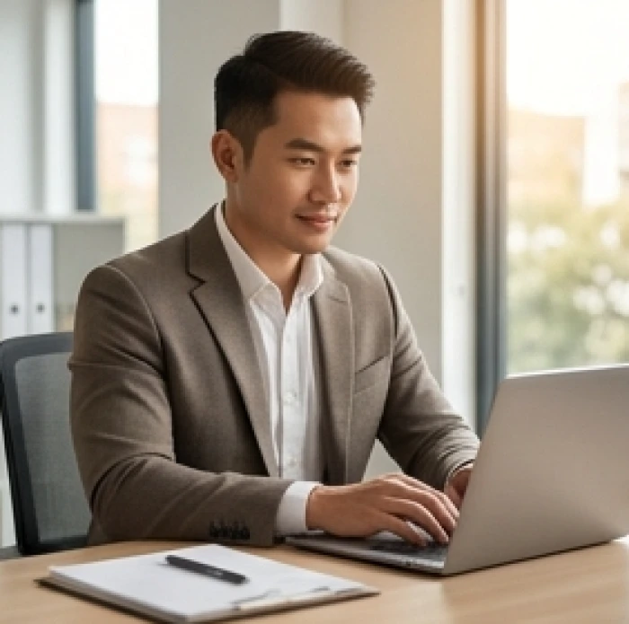 Người đàn ông trưởng thành mặc vest lịch sự đang tự tin làm việc tại văn phòng hiện đại