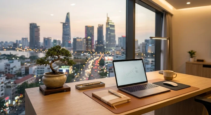 Không gian làm việc tĩnh tại bài trí hợp ngũ hành giúp định hướng sự nghiệp tuổi thân phát triển bền vững