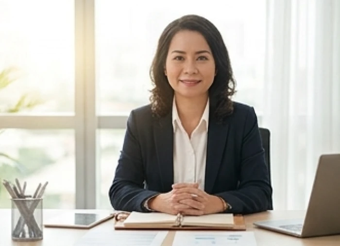 Người phụ nữ doanh nhân Á Đông mỉm cười tự tin tại không gian làm việc chuyên nghiệp ngập tràn ánh sáng