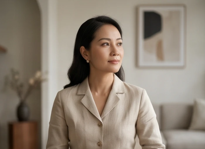 Ánh mắt tập trung và sâu sắc của người phụ nữ khi quan sát tinh tế những thay đổi nhỏ xung quanh