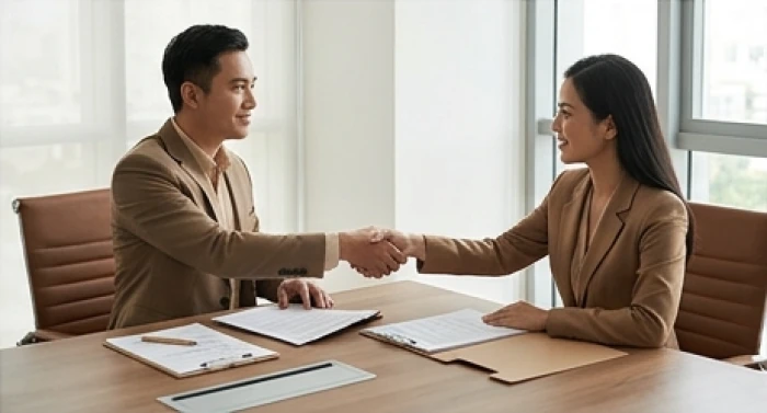 Doanh nhân nam Khôn Thổ và nữ Tốn Mộc thống nhất vai trò đàm phán trong phòng họp