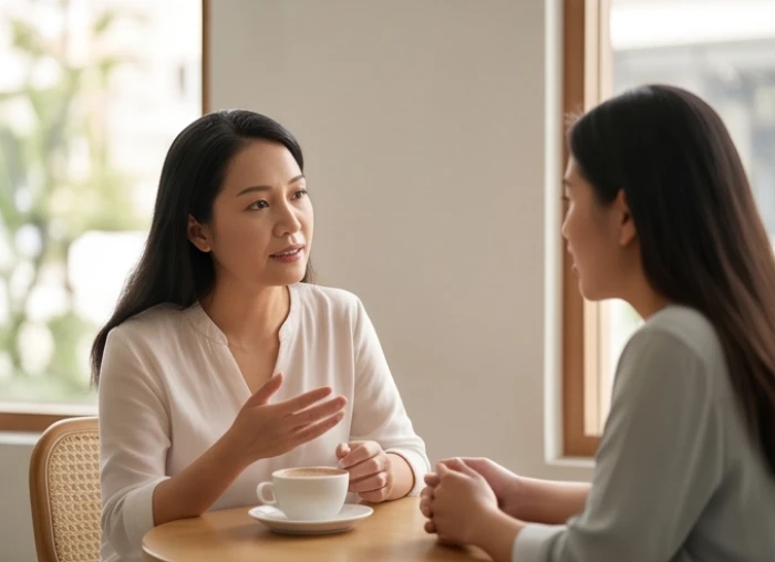 Hai người phụ nữ ngồi cạnh nhau chia sẻ tâm tình trong một không gian ấm cúng và đầy sự thấu hiểu