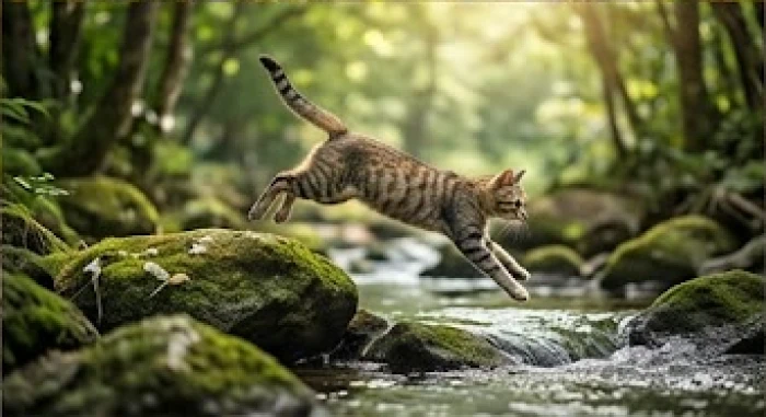 Chú mèo nhanh nhẹn đang nhảy qua các tảng đá ven suối trong cuộc đua vượt sông huyền thoại của các linh vật