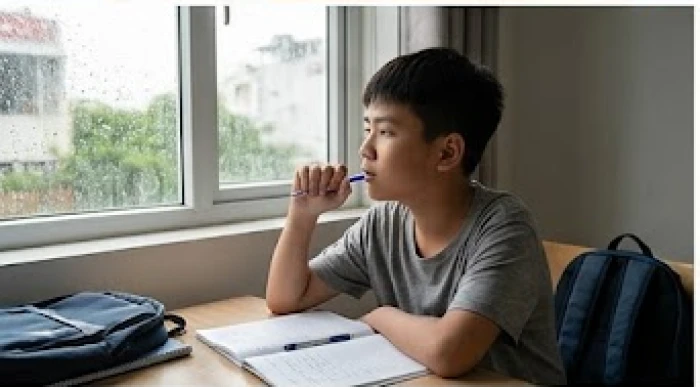 Cậu bé vừa cầm bút gõ nhịp vừa nhìn ra ngoài cửa sổ thể hiện sự thiếu kiên nhẫn khi ngồi làm bài