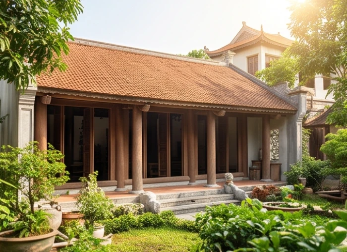 Ngôi nhà ngói truyền thống đang được trùng tu cải tạo khang trang giữa khu vườn xanh mát