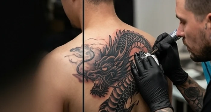 Quá trình xăm đè cover up họa tiết rồng phượng lớn để hóa giải hình xăm phạm phong thủy trên bả vai nam
