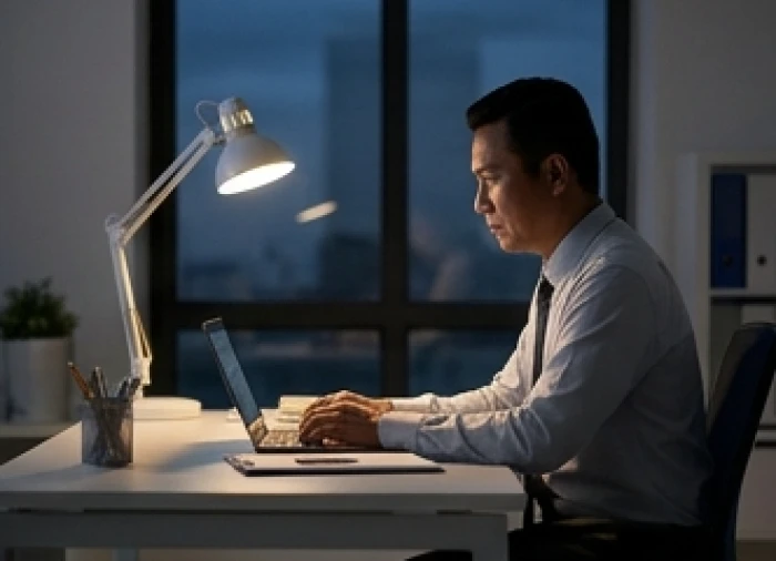 Nhân sự tuổi Quý Sửu trầm ngâm làm việc muộn bên bàn làm việc thể hiện sức chịu đựng và kìm nén áp lực