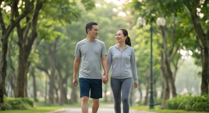 Người trung niên tuổi Đinh Tỵ duy trì thói quen đi bộ nhẹ nhàng để cải thiện sức khỏe xương khớp