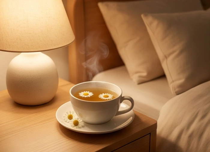 Tách trà hoa cúc ấm áp trên bàn ngủ hỗ trợ giấc ngủ sâu cho bản mệnh giáp tuất trong giai đoạn áp lực