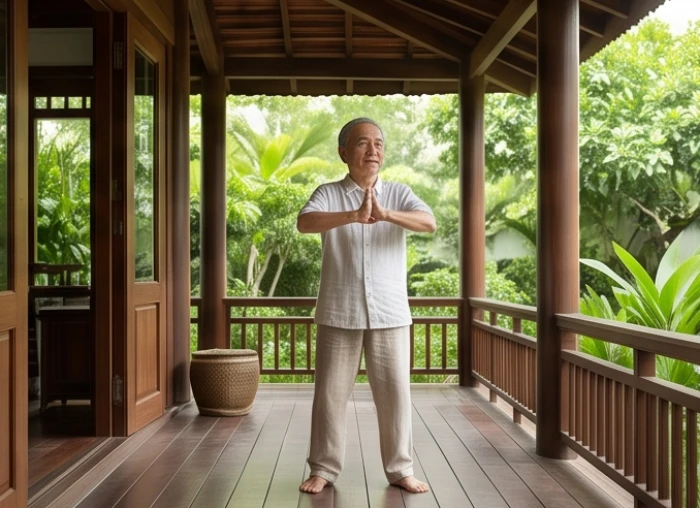 Người cao tuổi sinh năm kỷ sửu 1949 tập luyện dưỡng sinh thanh thản trong hiên nhà yên bình