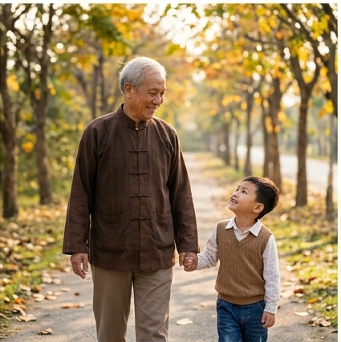 Cụ ông và người cháu trai cùng nhau đi dạo thong thả dưới hàng cây xanh mát, tận hưởng tiết trời trong lành tháng tám