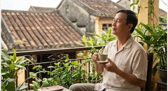 Người đàn ông thưởng thức tách trà nóng bên ban công để thư giãn tinh thần sau giờ làm việc