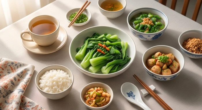 Bữa ăn dinh dưỡng thanh đạm với rau xanh và trà ấm giúp bảo vệ hệ tiêu hóa trong năm thổ vượng