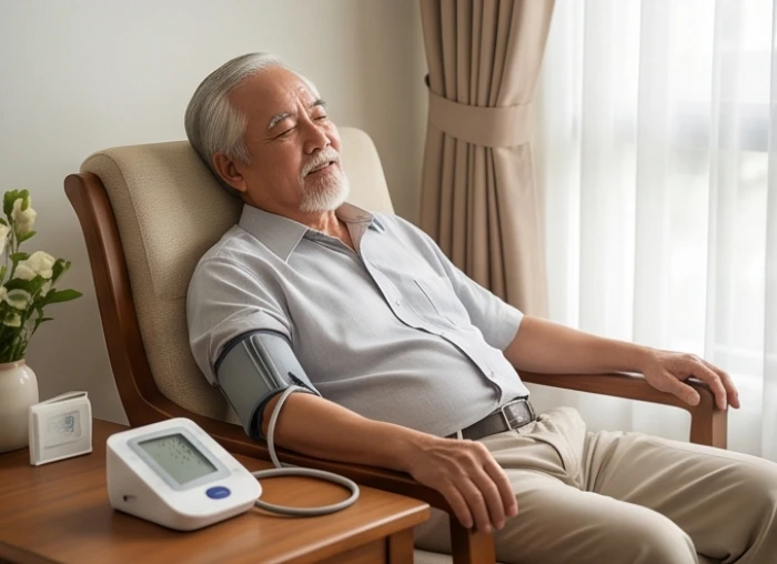 Người cao tuổi đo kiểm tra huyết áp định kỳ tại nhà trong không gian phòng khách ấm áp và yên bình
