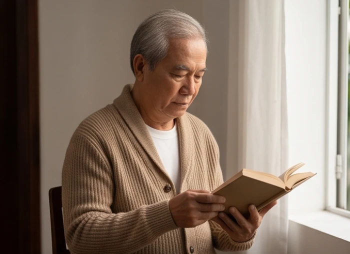 Người cao tuổi mặc áo ấm ngồi đọc sách cạnh cửa sổ trong những tháng cuối năm se lạnh