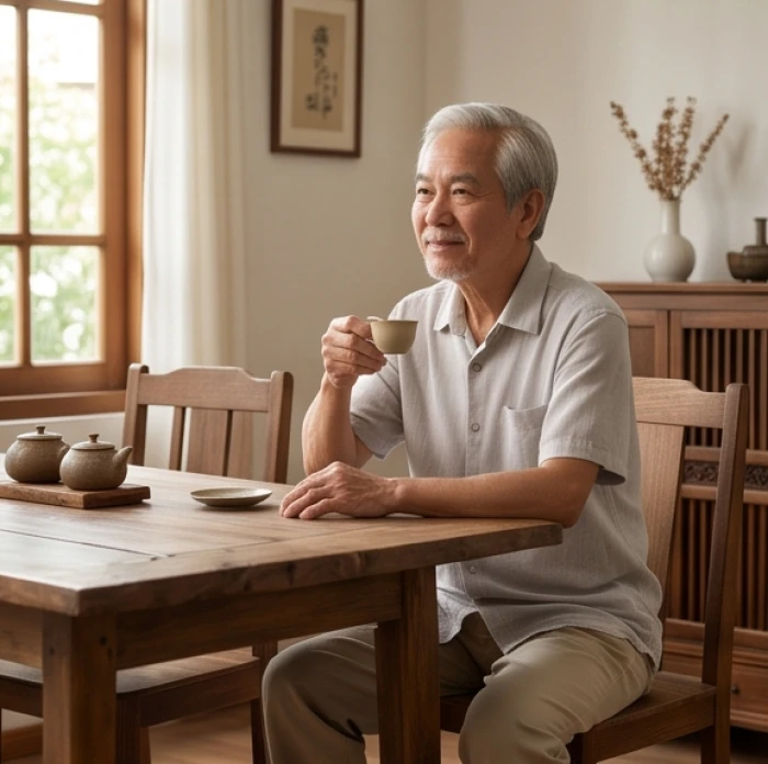 Người cao tuổi tuổi Giáp Ngọ thảnh thơi thưởng trà trong không gian sống yên tĩnh và ngập tràn ánh sáng tự nhiên