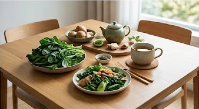 Bữa ăn lành mạnh với rau xanh tươi và trà thảo mộc giúp bảo vệ sức khỏe cho tuổi trung niên