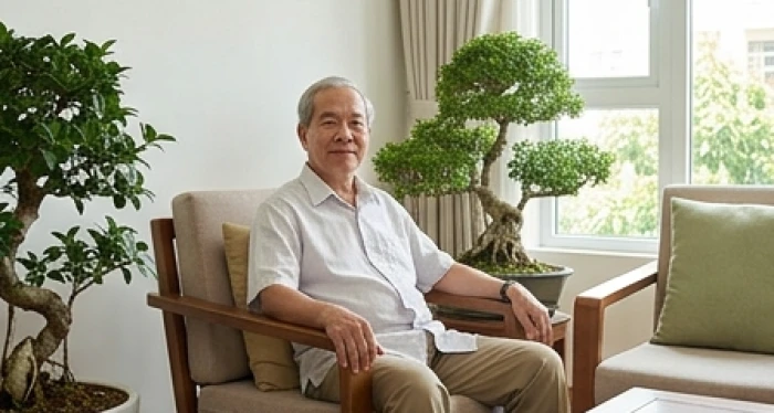 Người cao tuổi sinh năm tân mão 1951 ngồi thư giãn trong phòng khách êm ái hỗ trợ xương khớp