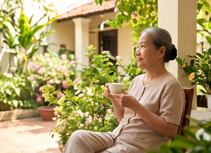 Gia chủ tuổi Thìn ngồi thưởng trà buổi sáng trong không gian hiên nhà ngập nắng những ngày đầu năm mới