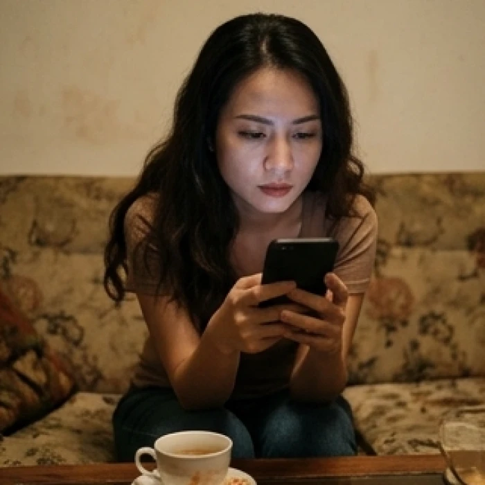 Cô gái trẻ đang lo âu nhìn vào màn hình điện thoại chờ tin nhắn phản hồi của người yêu