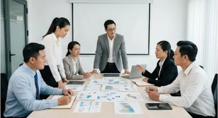 Cuộc thảo luận đánh giá lại quy trình vận hành và thanh lọc danh mục dự án trong văn phòng doanh nghiệp