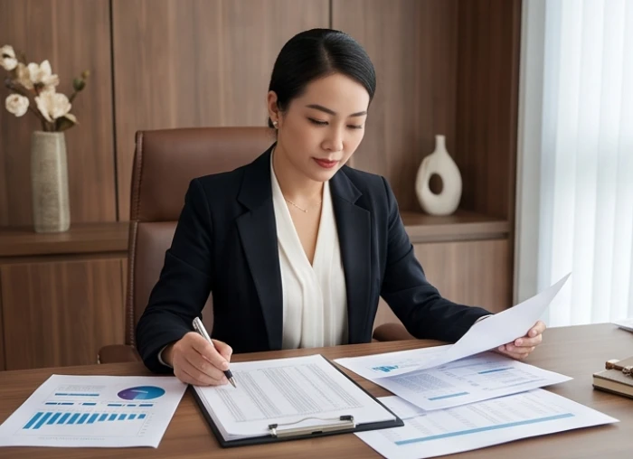 Nữ quản lý tài chính tuổi Giáp Tý tỉ mỉ phân tích các báo cáo đầu tư và kế toán doanh nghiệp
