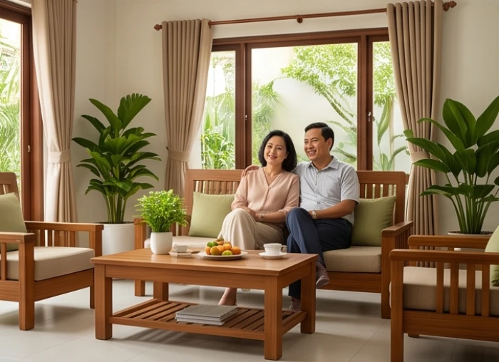 Gia đình trung niên hạnh phúc xem xét giấy tờ tài sản trong căn nhà khang trang sau nhiều năm tích lũy