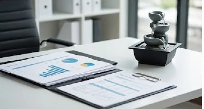 Bàn làm việc trang nhã với tài liệu tài chính đặt cạnh một thác nước phong thủy tĩnh lặng