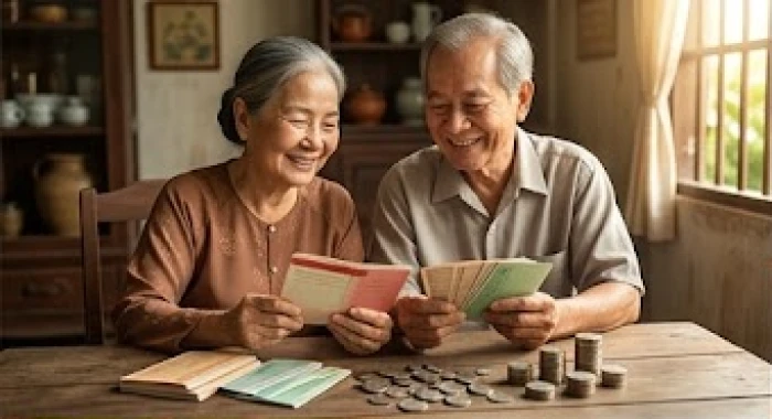 Hai vợ chồng lớn tuổi vui vẻ quản lý tài chính và sổ tiết kiệm tại nhà gỗ truyền thống