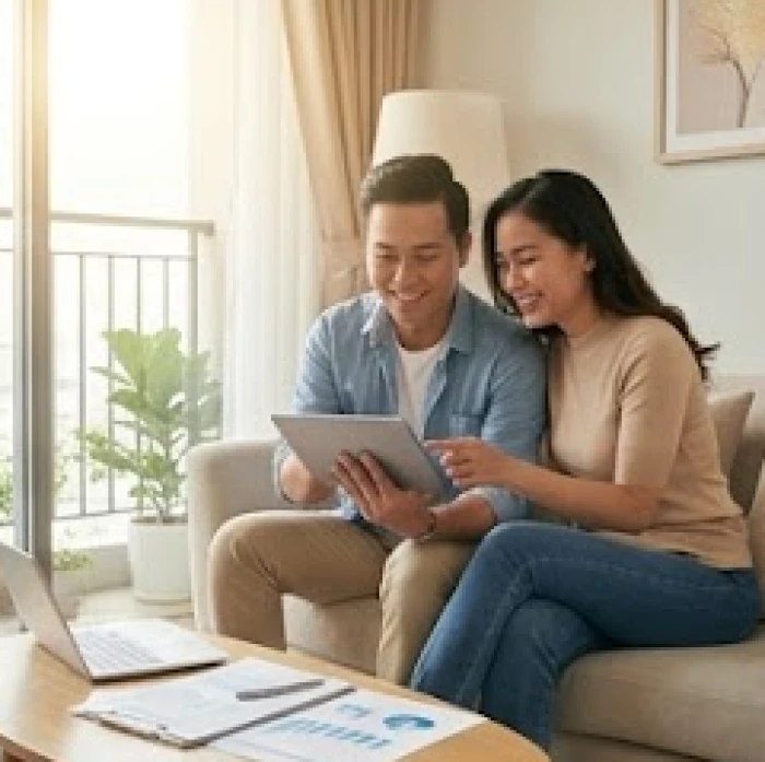 Cặp vợ chồng trẻ cùng nhau xem xét kế hoạch đầu tư tài sản trong phòng khách gia đình ấm cúng