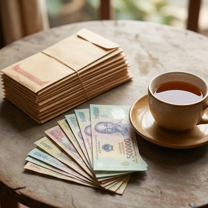 Những đồng tiền tiết kiệm được sắp xếp ngay ngắn bên cạnh tách trà ấm thể hiện tình hình tài chính ổn định trong quý 2