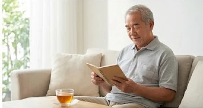 Cụ ông an nhàn xem sổ tiết kiệm tại phòng khách rộng rãi thu hút vượng khí tốt lành