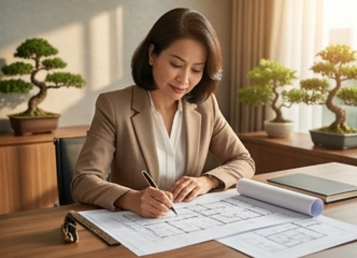 Nữ doanh nhân tuổi Bính Dần kiểm tra hợp đồng giao dịch bất động sản thành công trên bàn làm việc sang trọng