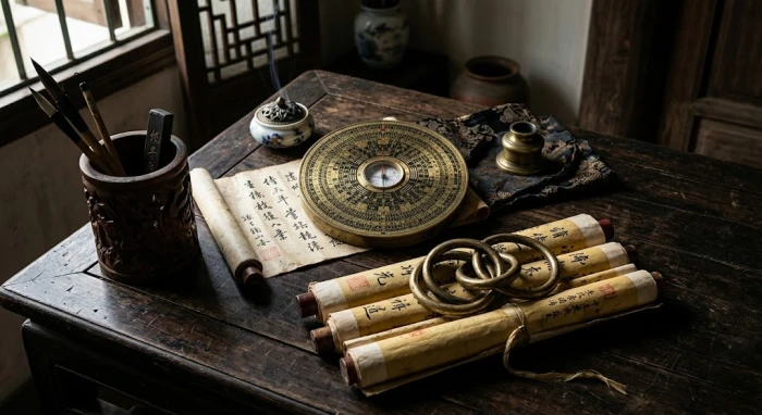 Bản vẽ sơ đồ bát tự phong thủy giải thích tam hình là gì cùng các la bàn cổ bằng gỗ trên mặt bàn