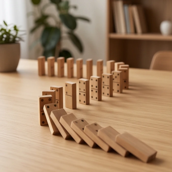 Những quân cờ domino bằng gỗ đang đổ liên tiếp thành chuỗi trên chiếc bàn làm việc