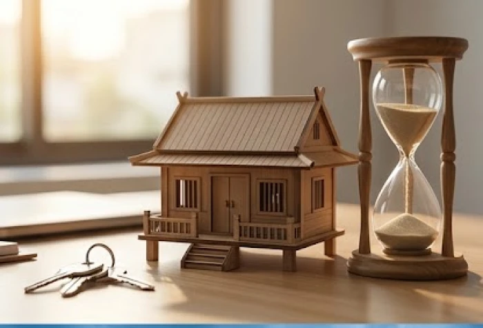 Mô hình ngôi nhà nhỏ bằng gỗ đặt cạnh chùm chìa khóa và chiếc đồng hồ cát đang chảy
