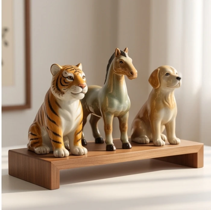 Ba linh vật Dần Ngọ Tuất chế tác bằng gốm sứ đặt cạnh nhau thể hiện sự tương hợp