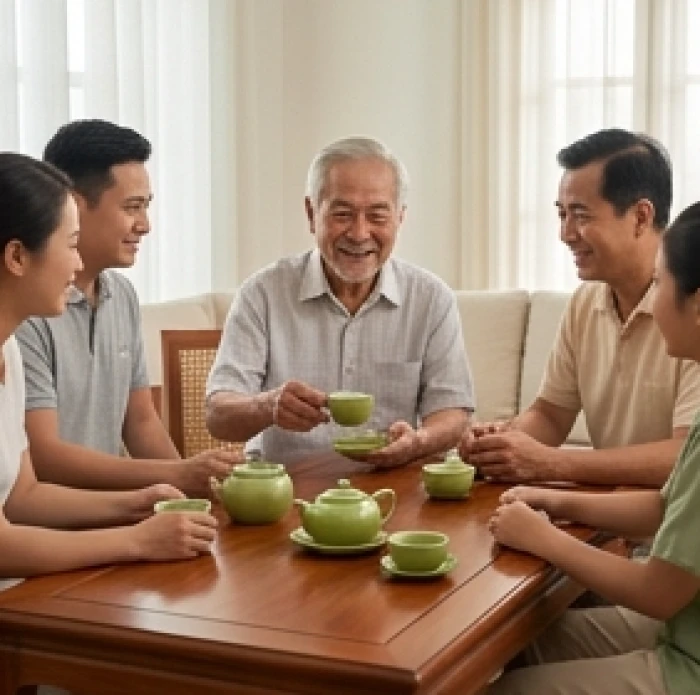 Buổi trà đạo ấm cúng giữa gia chủ lớn tuổi và người thân bên bàn trà gỗ trong không gian gia đạo hòa thuận
