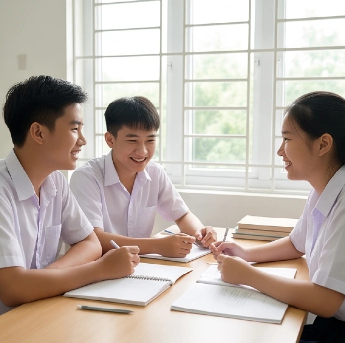 Nhóm ba học sinh cùng làm việc nhóm hào hứng thảo luận bài thuyết trình môn ngữ văn trong lớp học