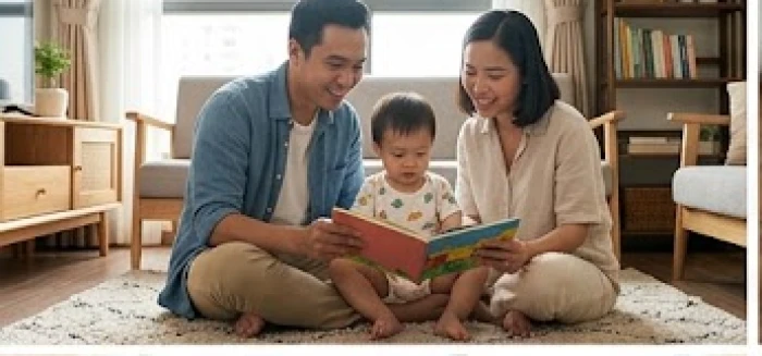 Cha mẹ tuổi Hợi và Mùi cùng vui đùa ôn hòa với con nhỏ tuổi Quý Mão trong phòng khách ấm cúng