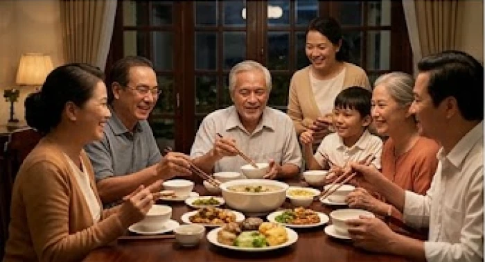 Bữa cơm gia đình ấm cúng với nhiều thế hệ quây quần bên mâm cơm truyền thống