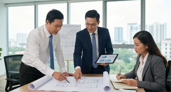 Ba doanh nhân trao đổi hợp đồng và ý tưởng kinh doanh thể hiện cấu trúc tam hợp Hợi Mão Mùi hài hòa